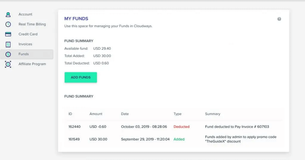 funds added on cloudways
